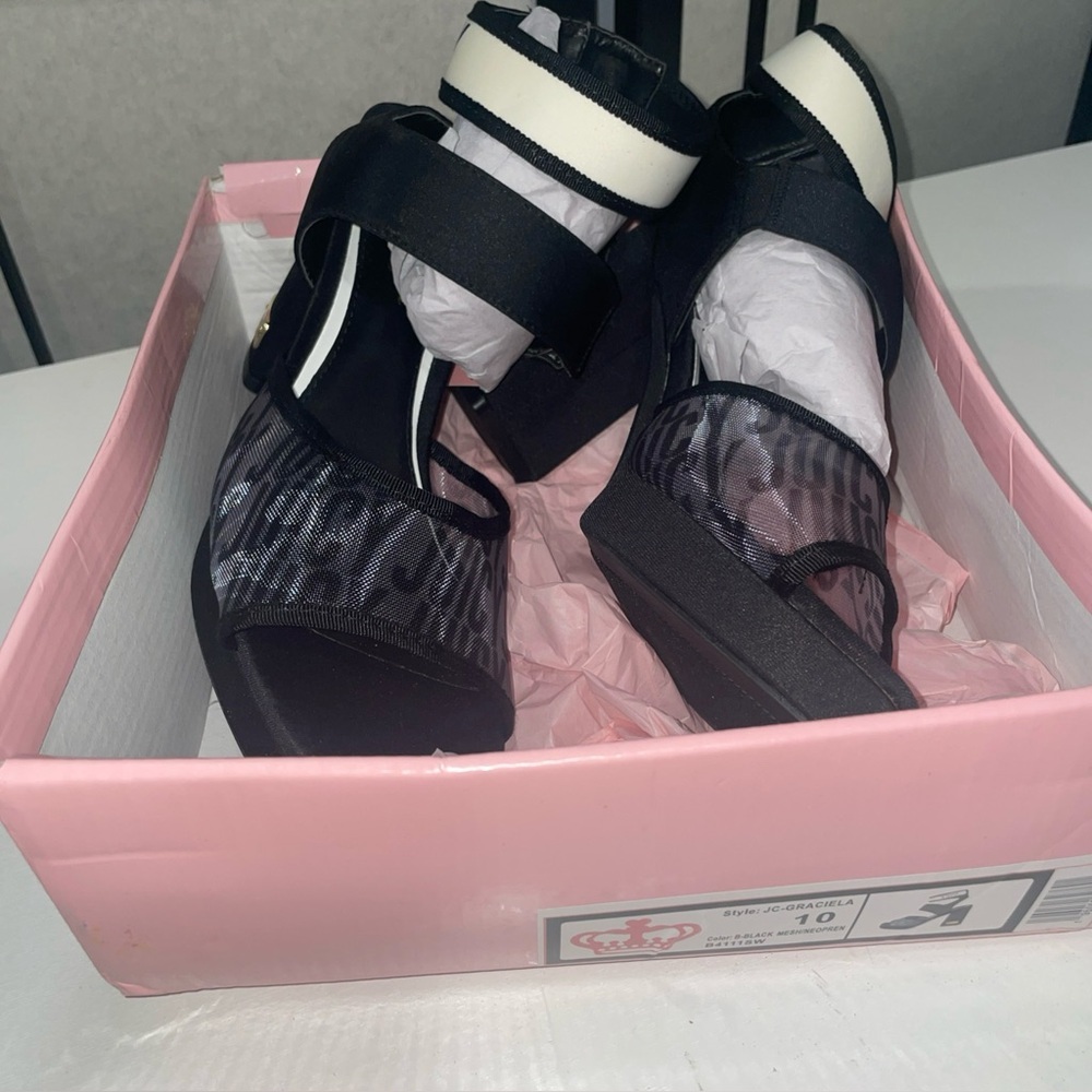 NEW Juicy Y2K Graciela Black Mesh Platform Block Heel Sandals Chunky Glam Sz 10 - Picture 11 of 11